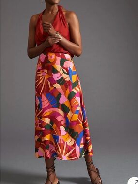 Farm Rio for Anthropologie Satin-Slip Midi Skirt M